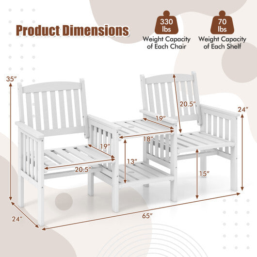Outdoor Fir Wood Loveseat with 2-Tier Side Table and 1.96" Umbrella Hole-Coffee W2B