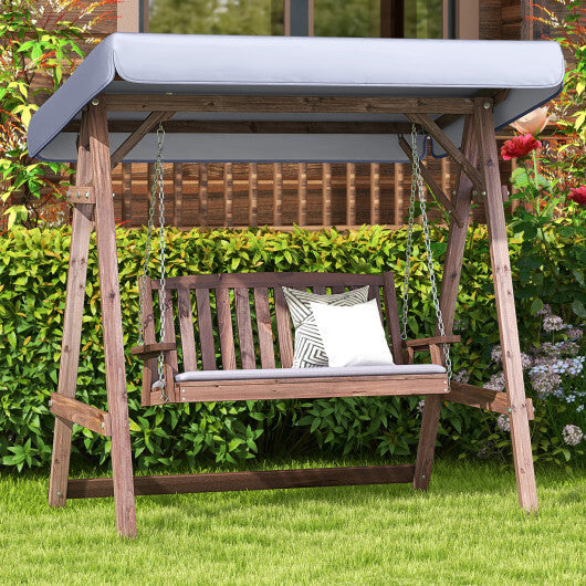2-Person Porch Swing with Fir Wood Stand and Tilt Canopy-Brown W2B