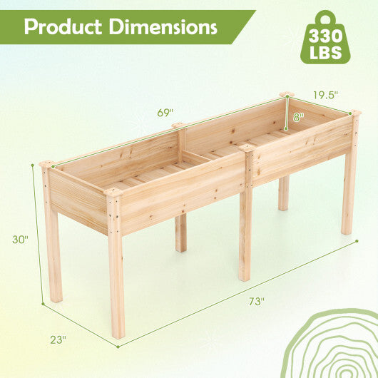 Fir Wood Outdoor Raised Garden Bed with Divider Panel and Drainage Holes-Natural W2B