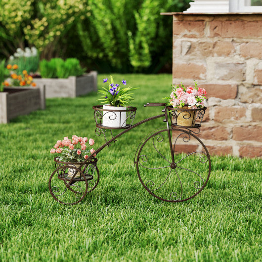 Tricycle Plant Stand Flower Pot Cart Holder with 3 Hollowed Baskets-Black W2B