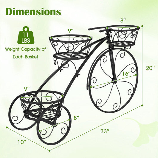 Tricycle Plant Stand Flower Pot Cart Holder with 3 Hollowed Baskets-Black W2B