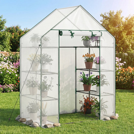 Portable Walk-in Greenhouse with 3 Tiers and 6 Shelves-White W2B
