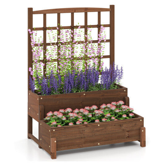 Raised Garden Bed with Trellis 2-tier Wood Planter Box with Drainage Holes-Rustic Brown W2B