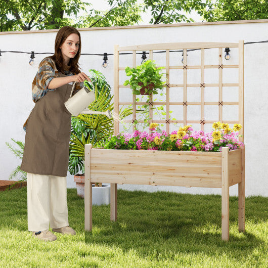 Raised Garden Bed with Lattice Trellis and Drainage Holes Elevated-Natural W2B