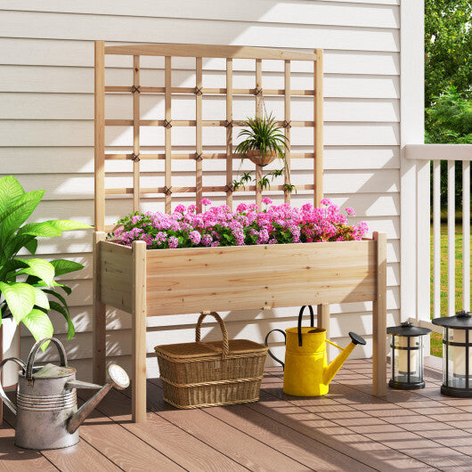Raised Garden Bed with Lattice Trellis and Drainage Holes Elevated-Natural W2B