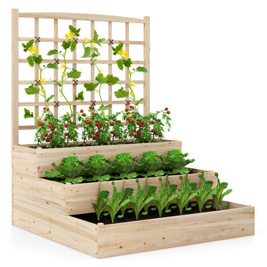 3-Tier Raised Garden Bed with Lattice Trellis and Open-Ended Base-Natural W2B