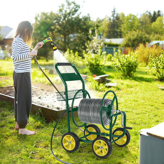 Garden Hose Reel Cart Metal Hose Cart with 4 Wheels and Storage Basket-Green