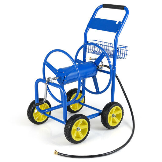 Garden Hose Reel Cart Metal Hose Cart with 4 Wheels and Storage Basket-Green W2B