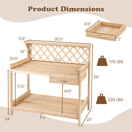Garden Potting Bench Table Wooden Planting Workstation with Lattice Trellis W2B