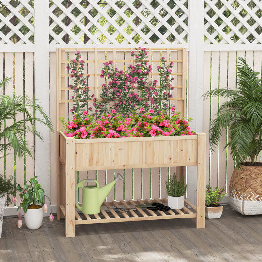 Raised Garden Bed with Trellis Wooden Elevated Planter Box with Legs-Natural W2B