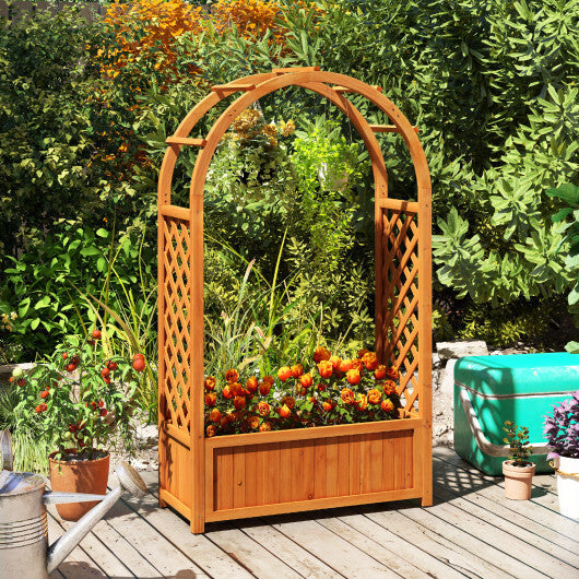 Raised Garden Bed with Lattice Trellis Ached Roof Wooden Elevated Planter Box-Brown W2B