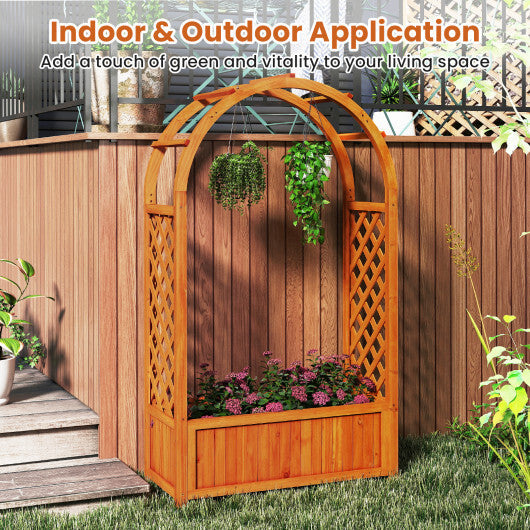Raised Garden Bed with Lattice Trellis Ached Roof Wooden Elevated Planter Box-Brown W2B