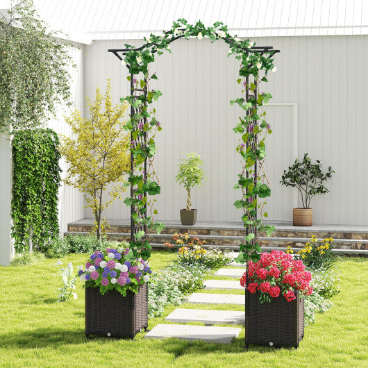 82 x 99 Inch Garden Arch Trellis with 2 Self-Watering Planter Boxes Wheels-Black W2B