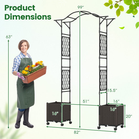 82 x 99 Inch Garden Arch Trellis with 2 Self-Watering Planter Boxes Wheels-Black W2B