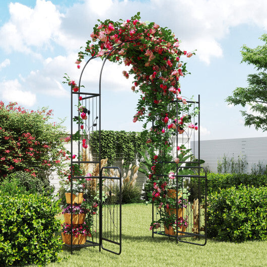 87 inch Tall Garden Arch with Gate Planter Shelves Climbing Trellises W2B