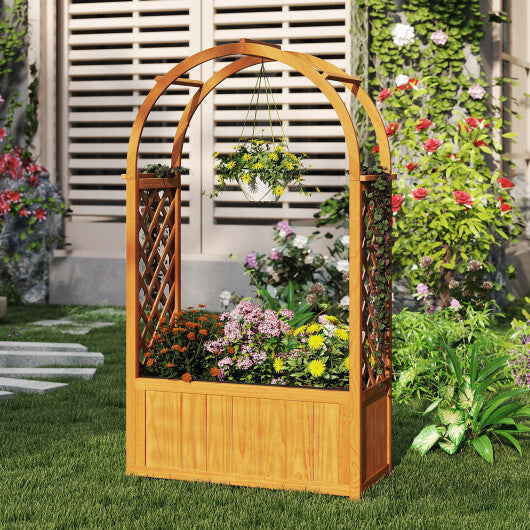 Wooden Raised Garden Bed with Lattice Trellis and Arched Roof-Orange W2B