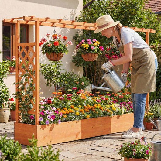 45 Inch Tall Wooden Raised Garden Bed with Side Trellis and Hanging Roof Drainage Holes-Natural W2B