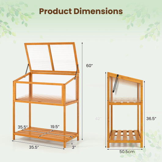 Wood Cold Frame Greenhouse with Transparent Openable Roof and Slatted Storage Shelf-Orange W2B