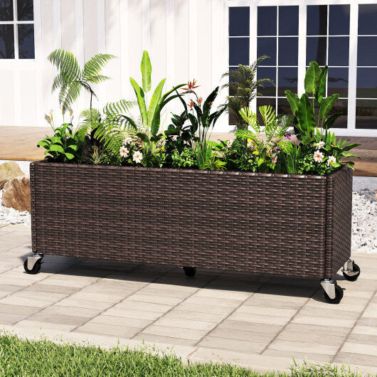 Raised Garden Bed PE Rattan Wicker Patio Planter Box with Wheels and Liner W2B
