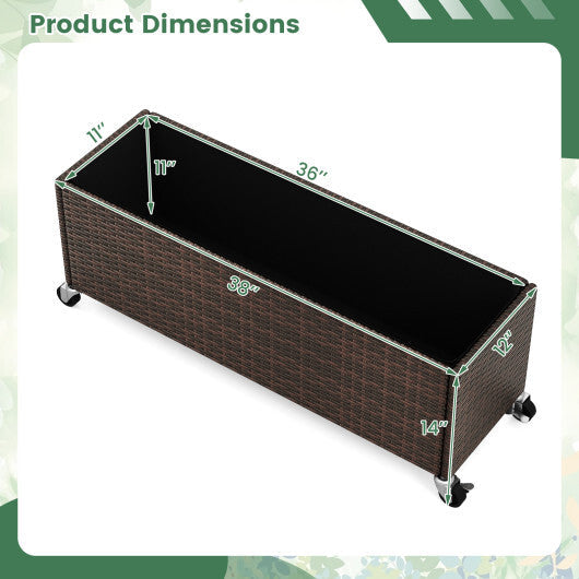 Raised Garden Bed PE Rattan Wicker Patio Planter Box with Wheels and Liner W2B