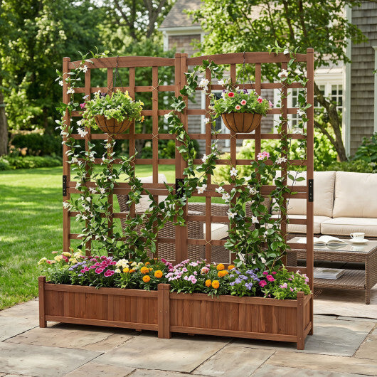Outdoor Dual Wooden Raised Garden Bed with Trellis and Drainage Holes-Rustic Brown W2B
