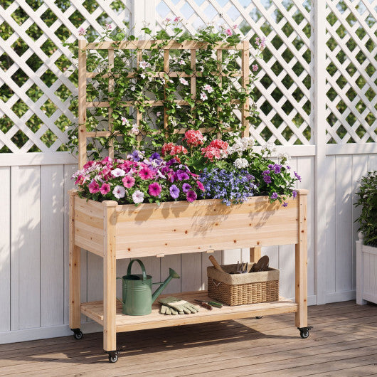 Wooden Mobile Raised Garden Bed on Wheels with Trellis-Natural W2B