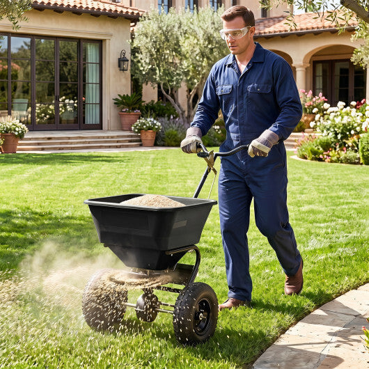 66 LBS Walk-Behind Broadcast Spreader with 13 Inch All-Terrain Tires-Black W2B