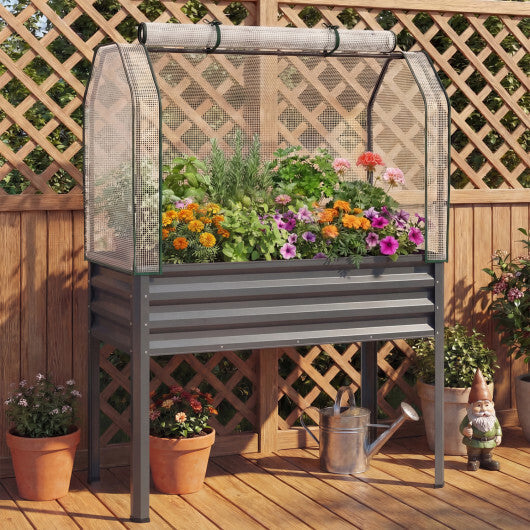 Galvanized Raised Garden Bed with Legs and Greenhouse Cover for Vegetable Flower-Gray W2B