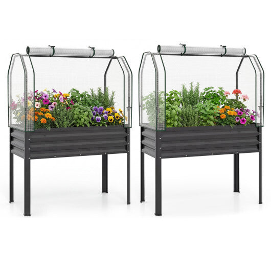 2 Pieces Galvanized Raised Garden Bed with Legs and Greenhouse Cover for Vegetable Flower-Silver W2B