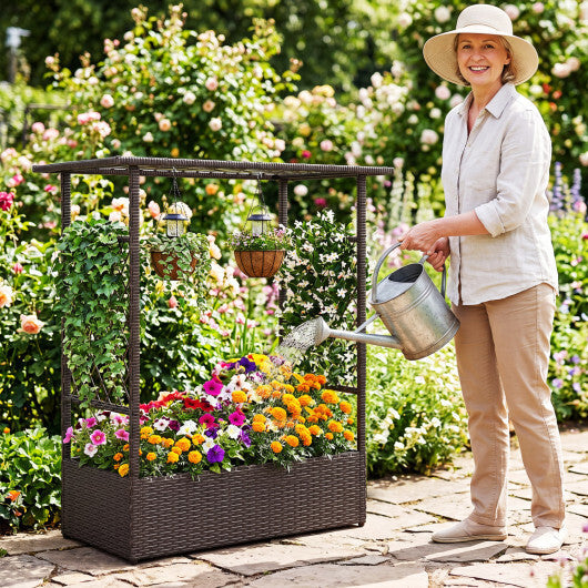 2-in-1 Raised Garden Bed with Hanging Roof and Trellises-Brown W2B