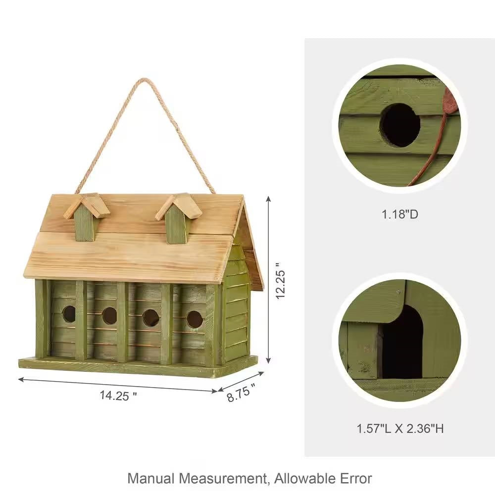 Green Wood Garden Bird House with 1 Compartment and 4 Holes FastFurnishings