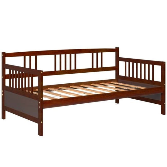 Twin size 2-in-1 Wood Daybed Frame Sofa Bed in Brown Cherry Finish FastFurnishings