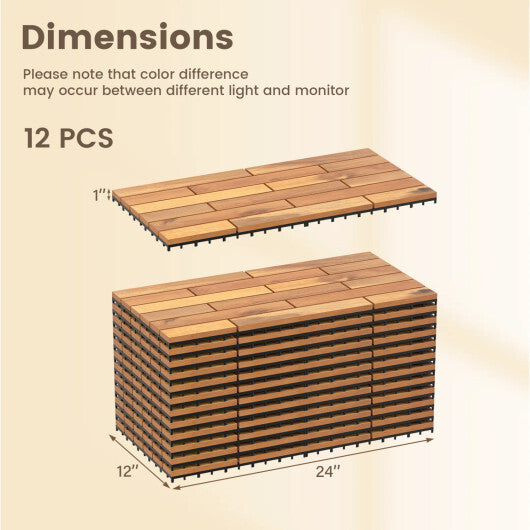24 x 12 Inch 12 Pieces Acacia Wood Interlocking Deck Tiles with Waterproof Design-Natural W2B