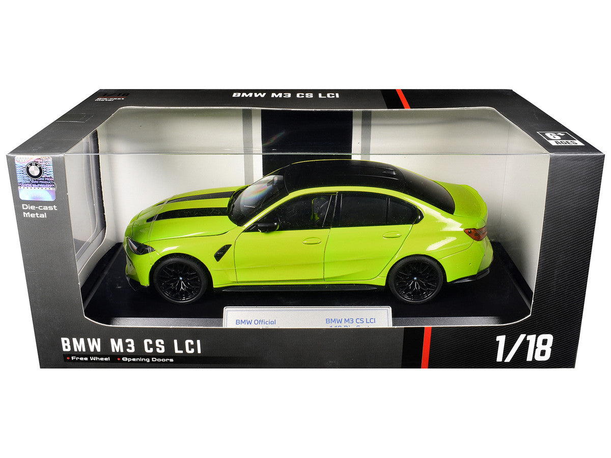 BMW M3 CS LCI Lime Green Metallic with Matt Black Top and Hood Stripes 1/18 Diecast Model Car by Heimanba Heimanba