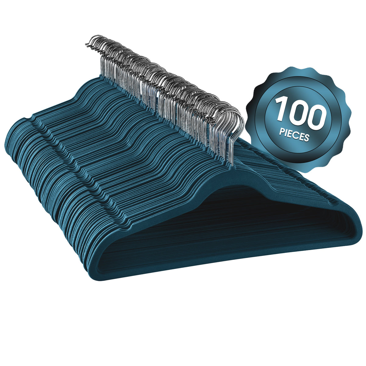Elama Home 100 Piece Velvet Slim Profile Heavy Duty Felt Hangers with Stainless Steel Swivel Hooks in Blue W2B