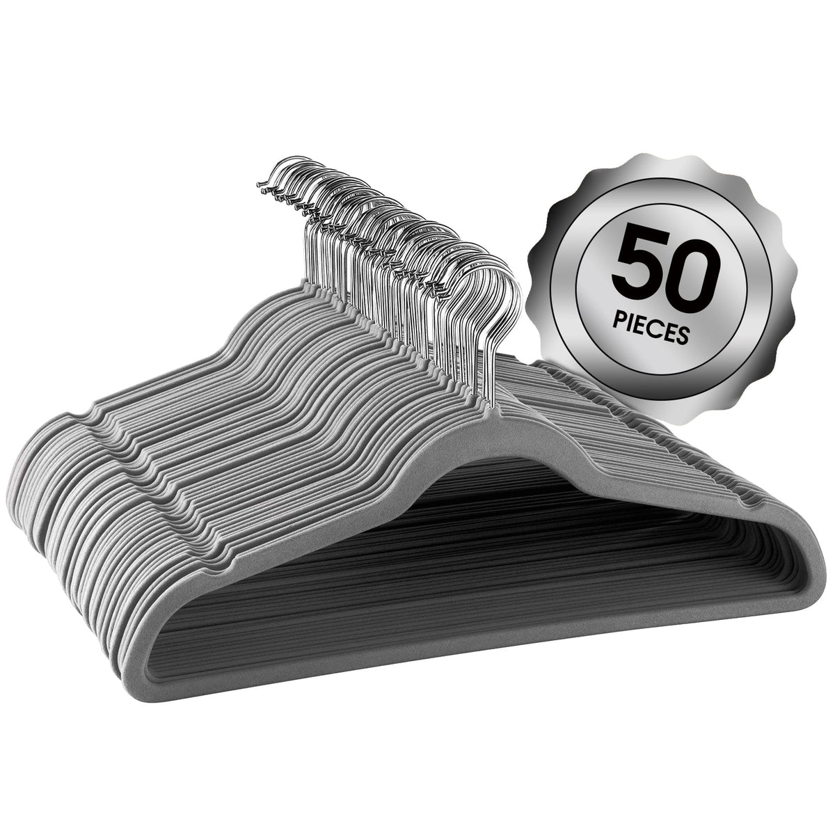 Elama Home 50 Piece Flocked Velvet Clothes Hangers with Stainless Steel Swivel Hooks in Gray W2B
