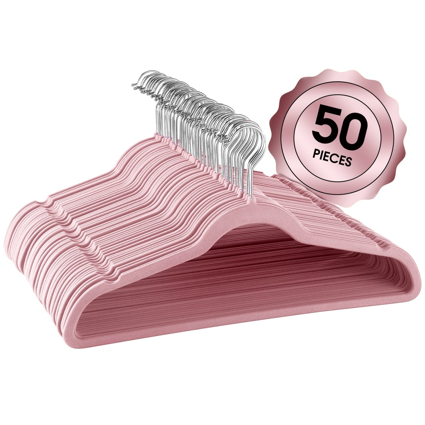 Elama Home 50 Piece Flocked Velvet Clothes Hangers with Stainless Steel Swivel Hooks in Pink W2B