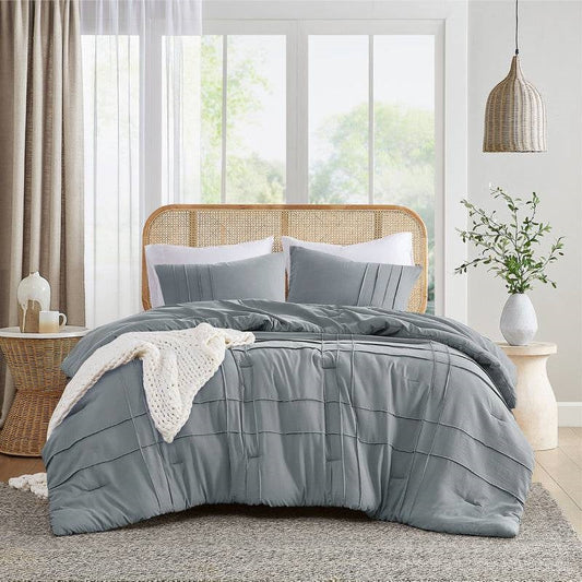 Twin/Twin XL Pleated Pre-Washed Microfiber Comforter Set in Blue Grey FastFurnishings