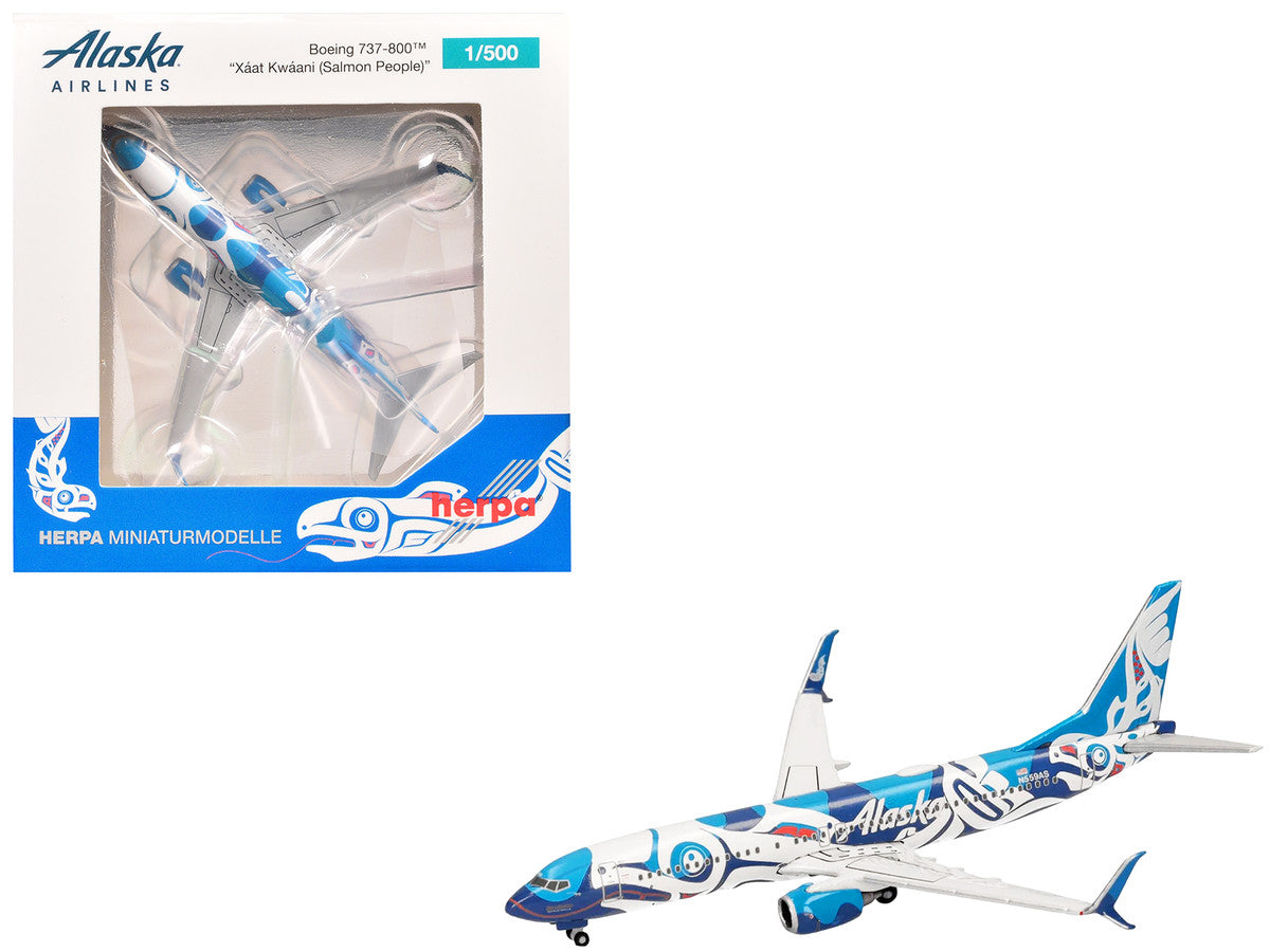 Boeing 737-800 Commercial Aircraft "Alaska Airlines - Salmon People Livery" (N559AS) Blue and White 1/500 Diecast Model Airplane by Herpa Herpa