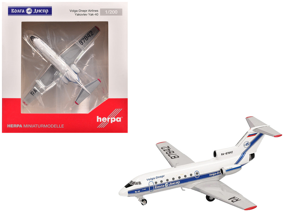 Yakovlev Yak-40 Commercial Aircraft "Volga-Dnepr Airlines" (RA-87842) White with Blue Stripes 1/200 Diecast Model Airplane by Herpa Herpa
