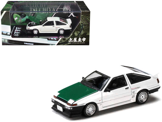 Toyota Sprinter Trueno (AE86) RHD (Right Hand Drive) "Keiichi Tsuchiya - Dori Dori Mesh Wheels" White with Green Carbon Hood 1/64 Diecast Model Car by Hobby Japan Hobby Japan