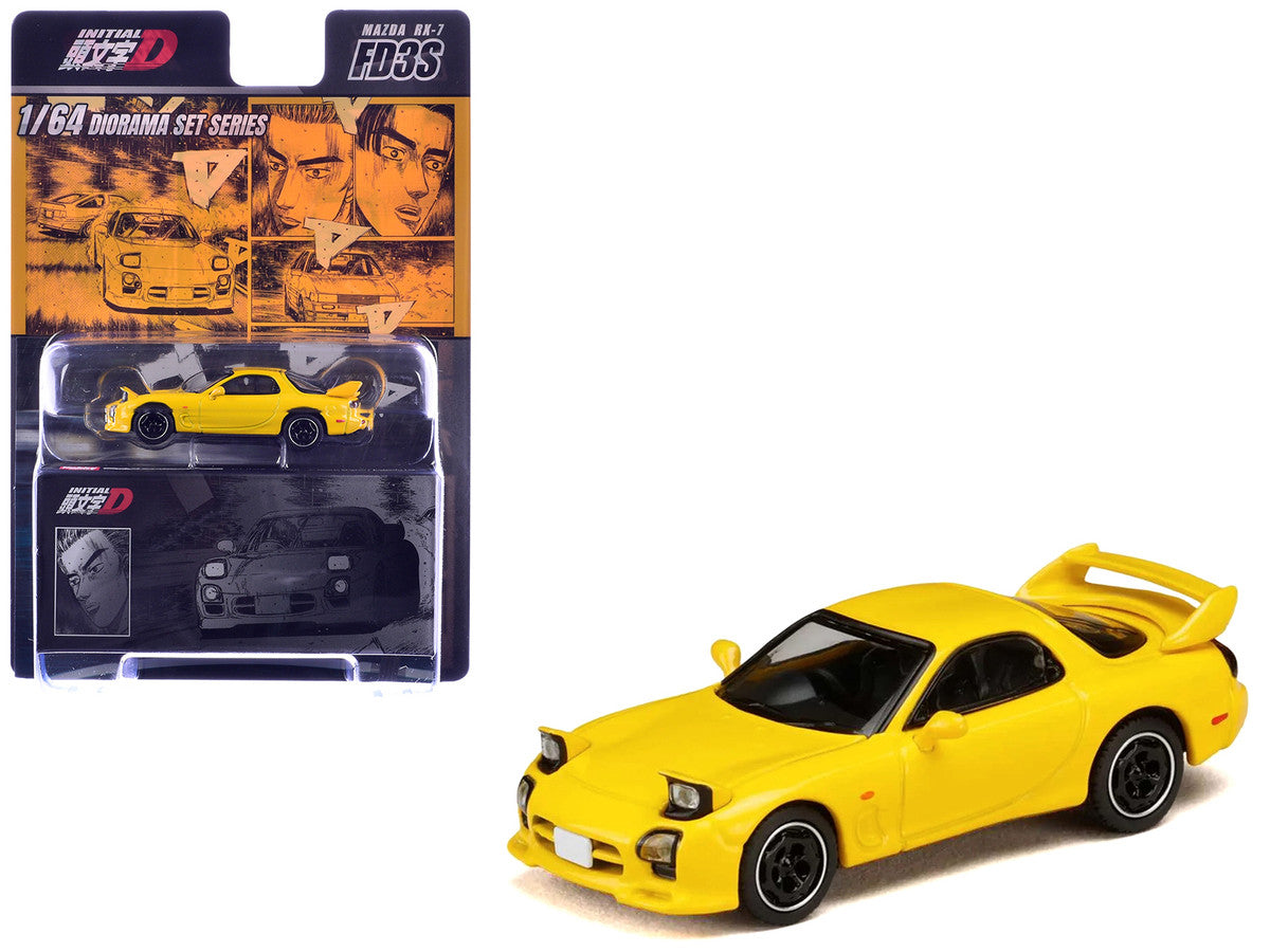 Mazda RX-7 (FD3S) RHD (Right Hand Drive) Yellow "Initial D" (1995-2013) Manga "Diorama Set Series" 1/64 Diecast Model Car by Hobby Japan Hobby Japan