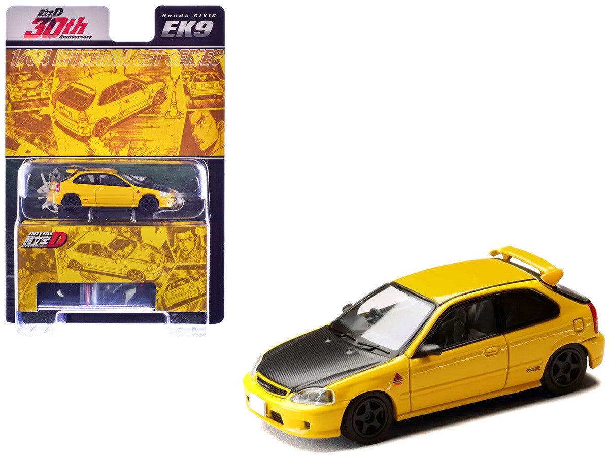 Honda Civic (EK9) RHD (Right Hand Drive) Yellow with Carbon Hood "Initial D" (1995-2013) Manga "Diorama Set Series" 1/64 Diecast Model car by Hobby Japan-4