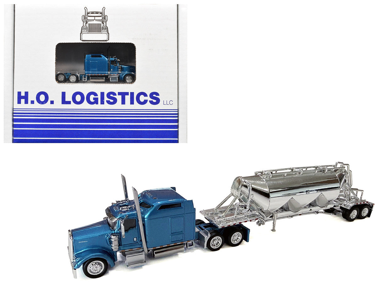 Kenworth W900L Truck Tractor with Sleeper Cab Blue Metallic and Pneumatic Tank Trailer Combo Set 1/87(HO) Plastic Model Car by HO Logistics HO Logistics Replicas