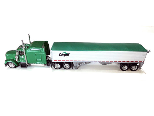Kenworth W900L Truck Tractor with Sleeper Cab "Cargill" Green and Covered Grain Trailer White with Green Tarp Combo Set 1/87 (HO) Plastic Model Car by HO Logistics HO Logistics Replicas