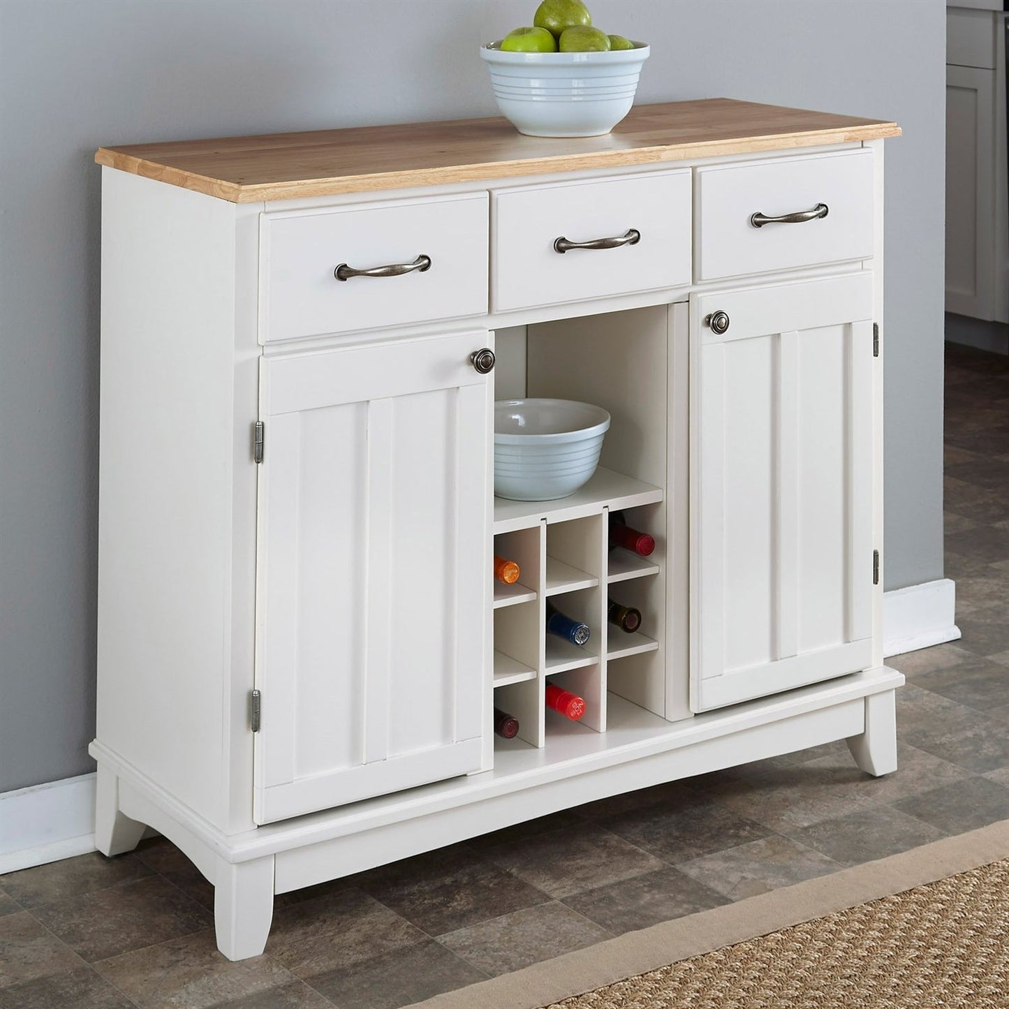 Natural Wood Top Kitchen Island Sideboard Cabinet Wine Rack in White FastFurnishings