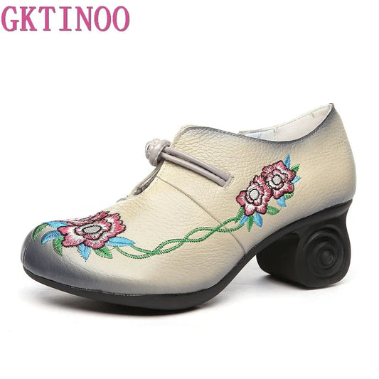 GKTINOO Women Embroidery Pumps Grey Lady 6CM High Heels Shoes Handmade Women Genuine Leather Pumps Autumn Shoes Pi-Mart