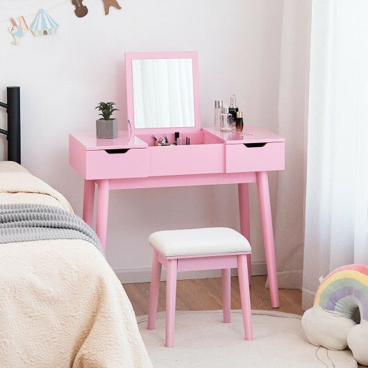 Makeup Vanity Table Set with Flip Top Mirror and 2 Drawers-Pink W2B
