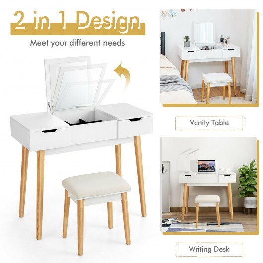 Makeup Vanity Table Set with Flip Top Mirror and 2 Drawers-Pink