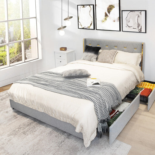 Full/Queen Size Upholstered Bed Frame with 4 Drawers-Silver-Full Size W2B